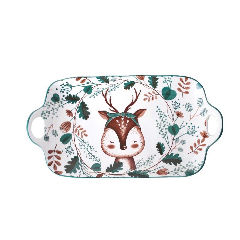 Cute Reindeer Japanese Ceramic Double-Handled Fish Plate
