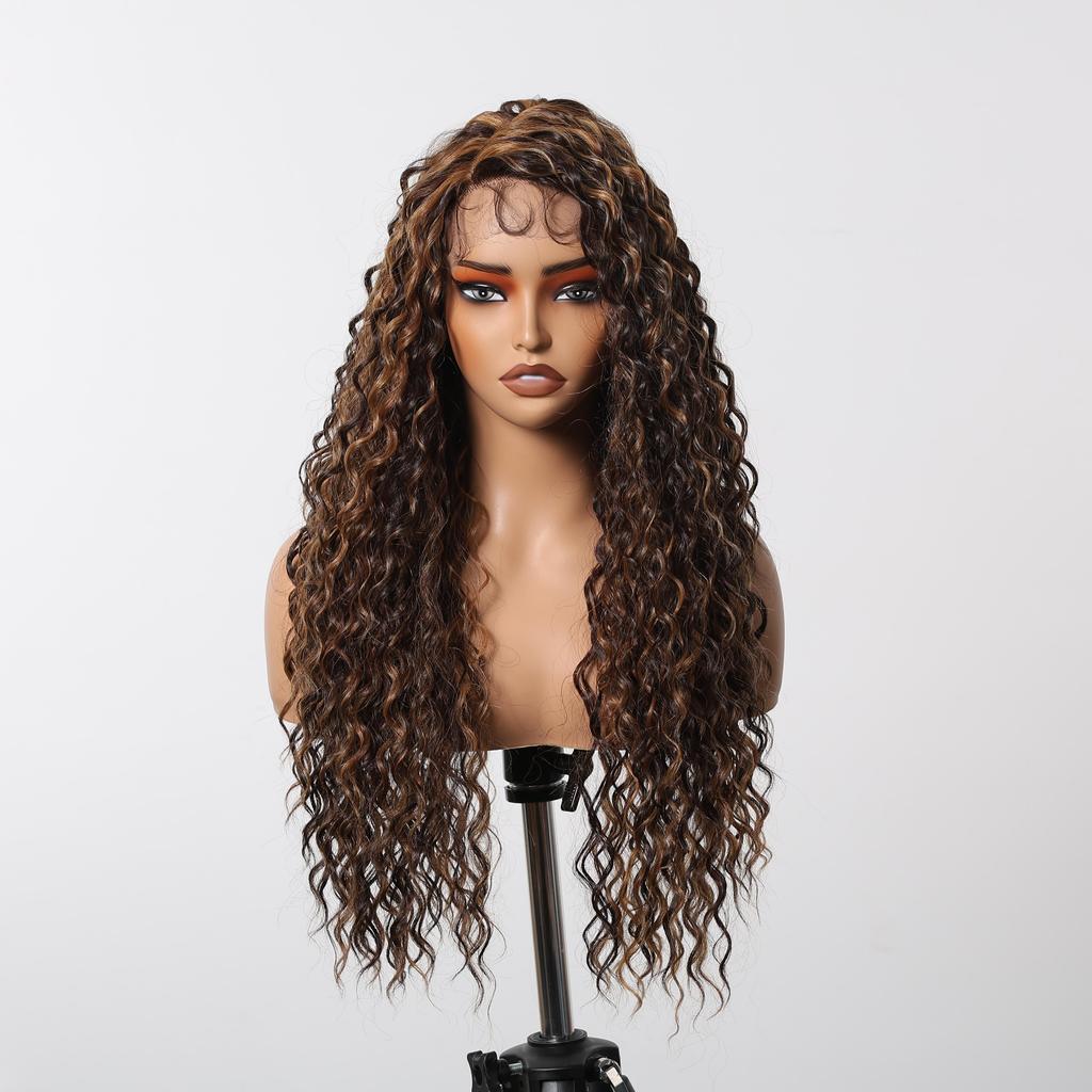 ALAN EATON Long13x4x1 Lace Synthetic Wigs Brown Highlight Golden Curly Wig for Black Women Natural High Density Daily Use