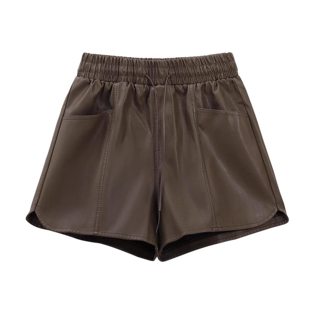 Women's High-Waisted PU Leather Shorts: Autumn 2024 A-Line Wide-Leg Elastic Boot Pants.