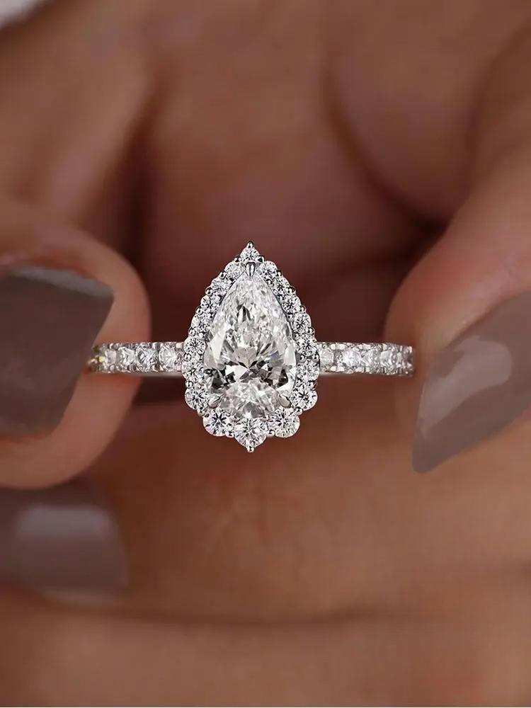 925 Sterling Silver Shiny Full White ZirconWater Drop Ring For Women Engagement Wedding Simple High Quality Fine Jewelry