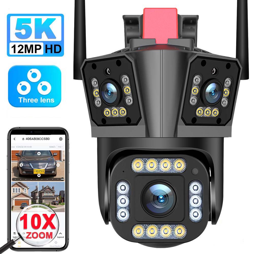 

Wi-Fi IP 5K 12MP HD 10X Zoom Три об єктива PTZ Зовнішня ширококутна камера виявлення руху Відеоспостереження 4K Camera No Card