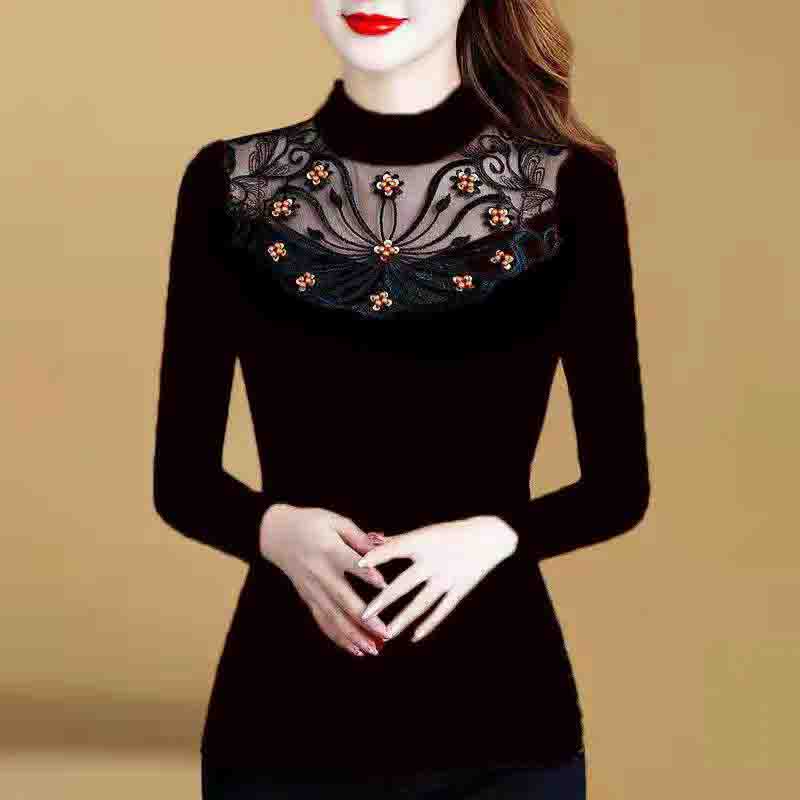 

Весенне-осенний черный кружевной пуловер с длинными рукавами, рубашка большого размера с толстым низом