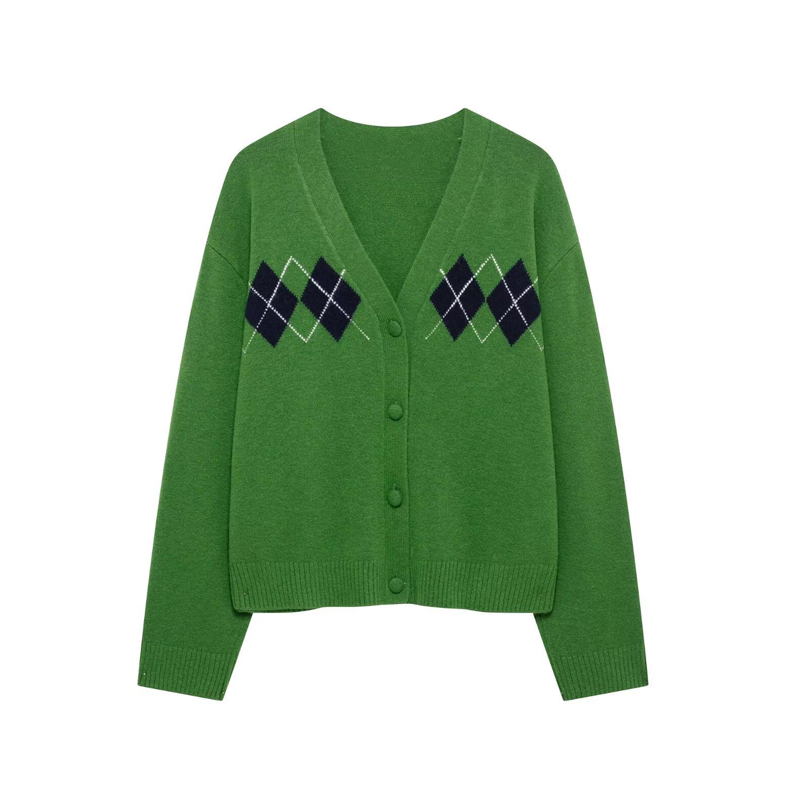 

Женский трикотажный кардиган с V-образным вырезом и ромбовым узором, весна 2025 Medium зелёный