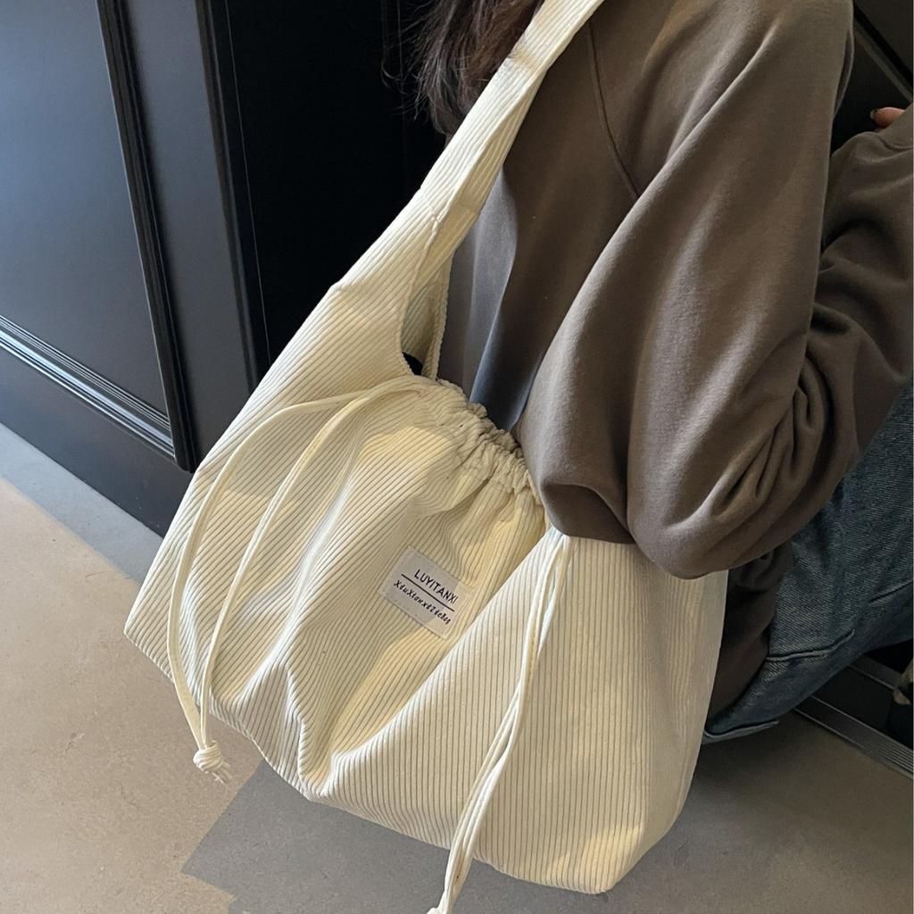 Corduroy Texture Large-capacity Bag Women's 2025 New Shoulder Bag Simple Soft Surface Casual Drawstring Tote Bag