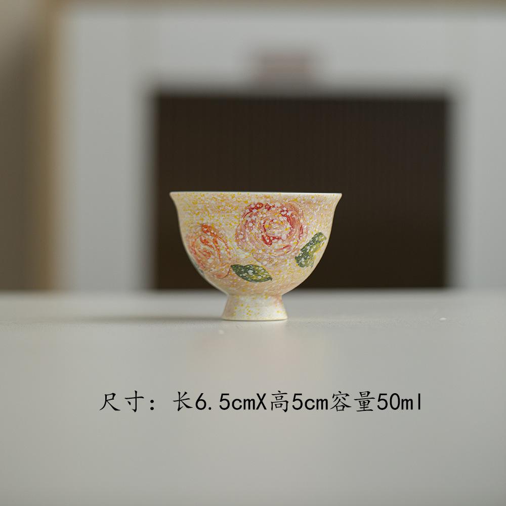 

Powder Yin Hand-painted Rose With Coaster Teacup Zen Tea Bowl Mug Tea-tasting Smelling Cup Jianzhan Master Cups Cha Decoration