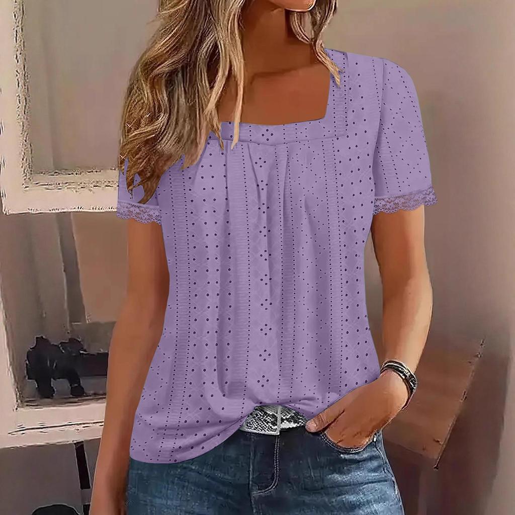 2025 Summer European & American Square Neck Eyelet Jacquard Short Sleeve Women's Top