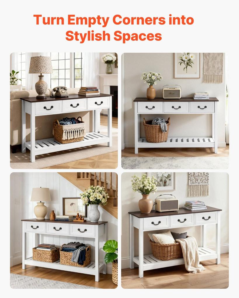 120 Cm Console Table, Farmhouse Desk Behind the Couch with Drawers and Bottom Storage Shelf, Wooden Rectangle Entrance Narrow Sofa Table for Hallway,
