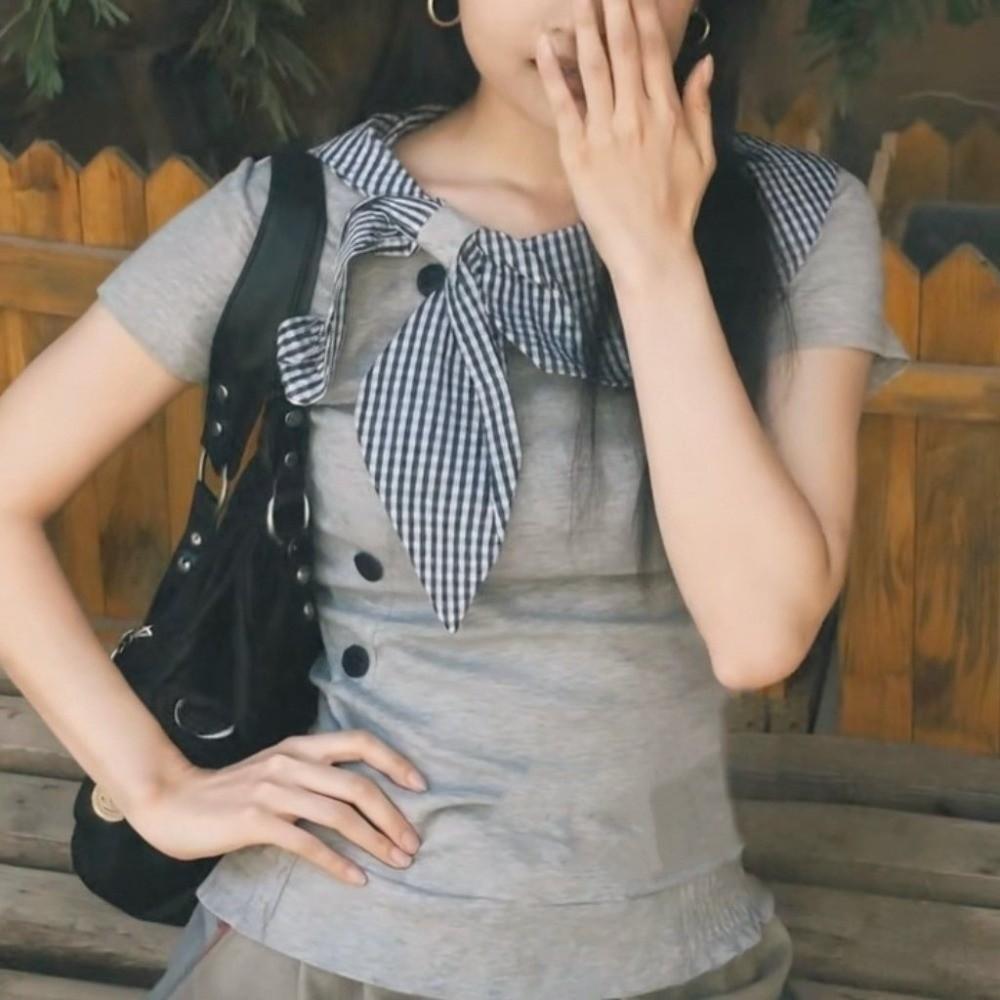 Plaid Pattern Irregular T Shirts Navy Collar Y2K Style T Shirts Sailor Collar Tops  For Women