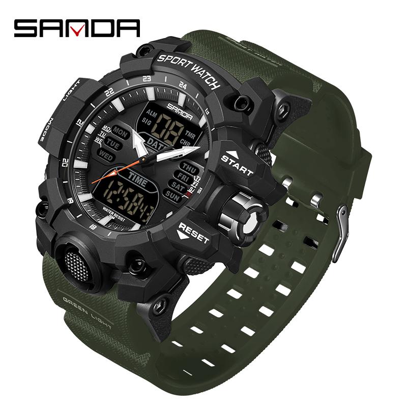 SANDA G Style Step Calorimeter Single Electronic Watch Nightlight Waterproof Sports Double Display LED Digital Quartz Men Watch