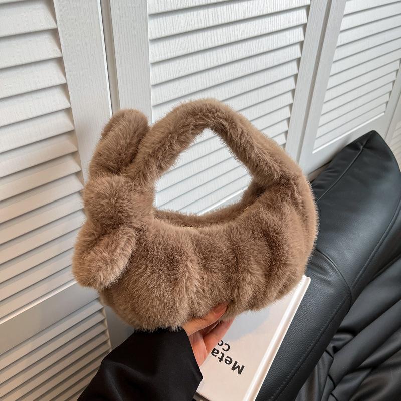 Women's Luxury Plush Clutch Cute Bow-shaped Handbag Headphone Coin Purse Fashion Faux Fur Solid Color Soft Pleated Cloud Bag