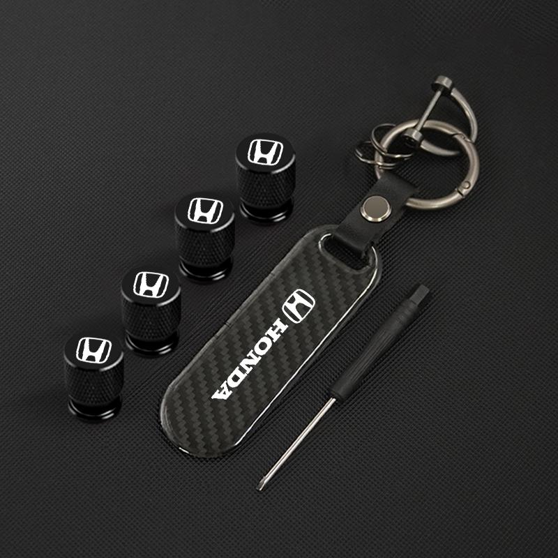 AAAKS1 Motorcycle Carbon Fiber Key Chain +Wheel Tire Valve Caps Set for Mugen Power Honda Civic Accord CRV Hrv Jazz Styling Accessories