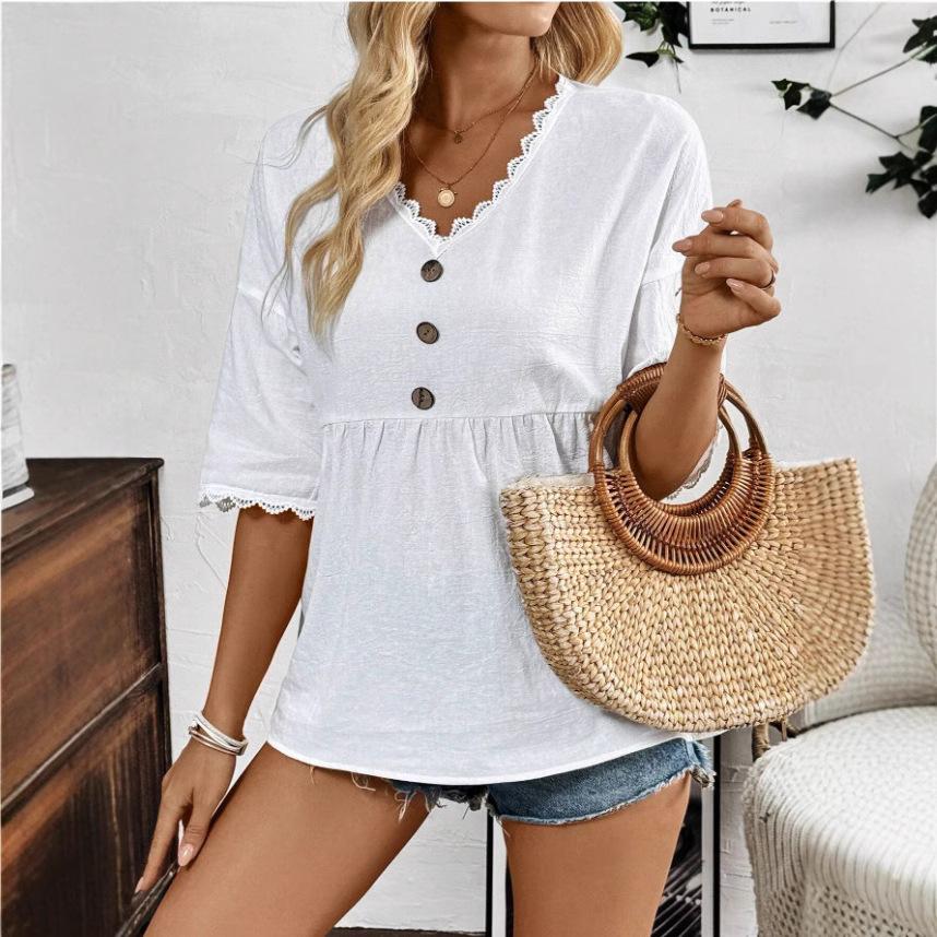 

Женская летняя кружевная футболка с V-образным вырезом и короткими рукавами, однотонная XL