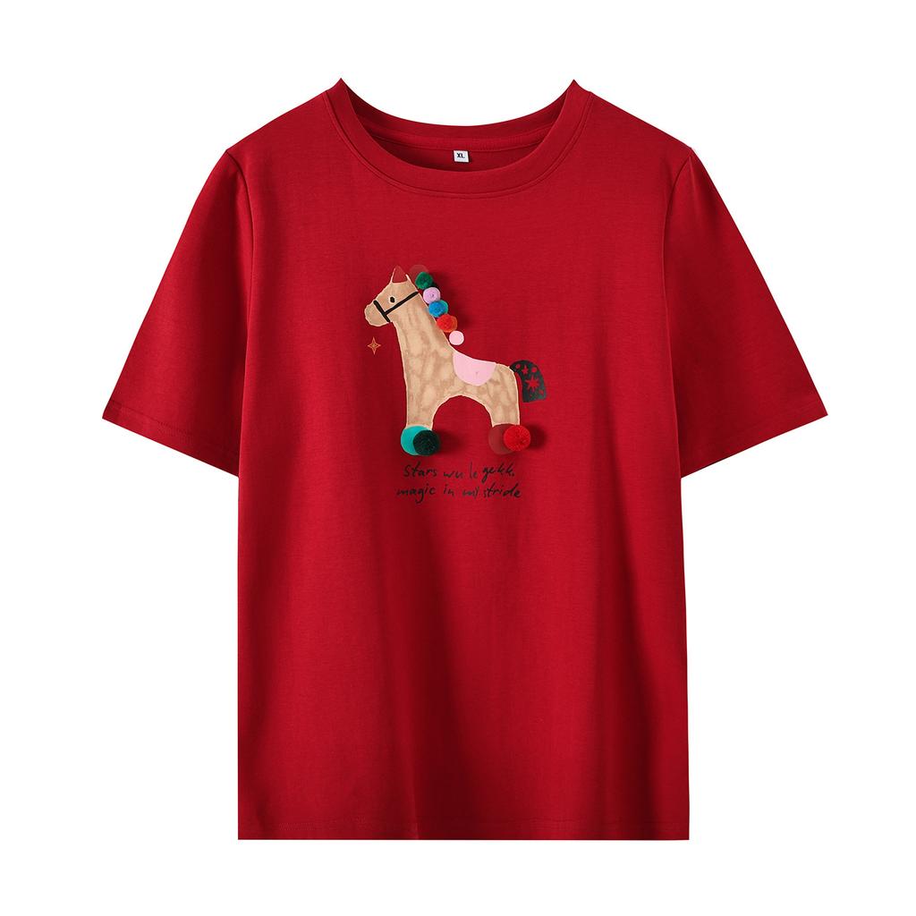 Large size natal year printed pony ball T-shirt 2026 spring new pullover versatile loose top 124326