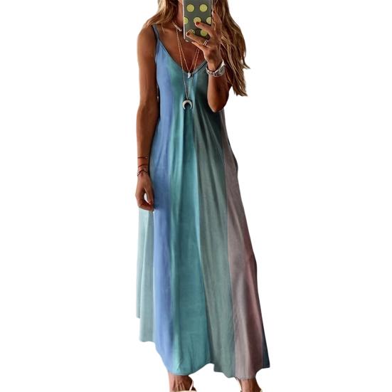 Women's Spaghetti Strap Gradient Long Dresses Summer Casual V Neck Flowy Maxi Dress Loose Beach Sundress
