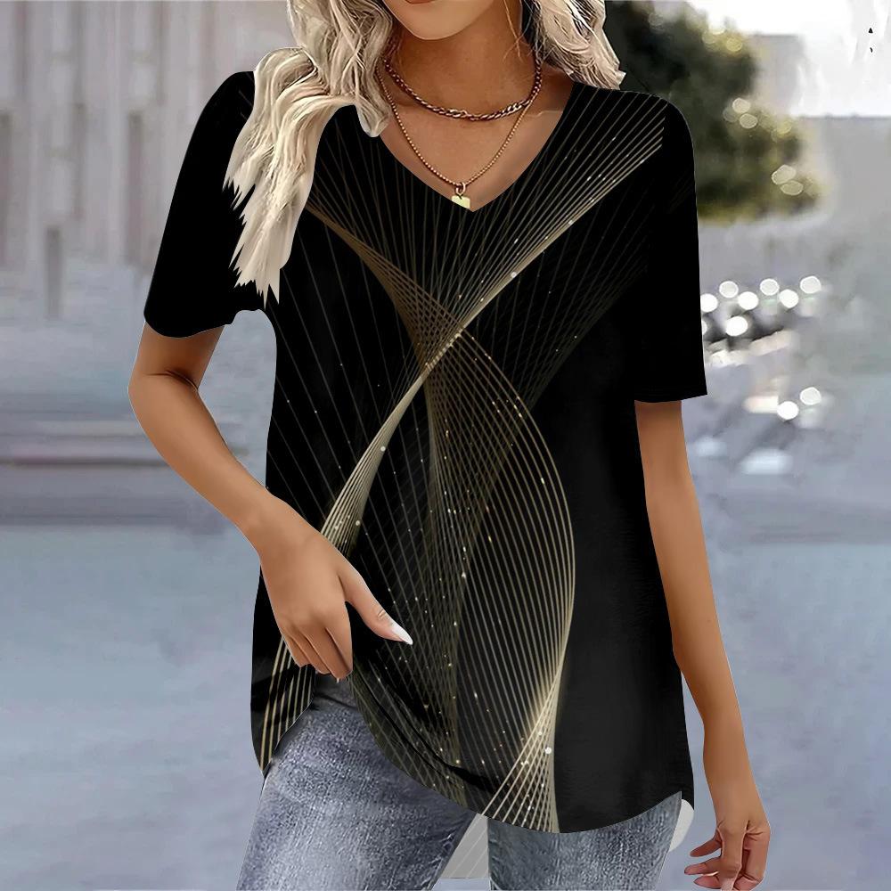 Summer V-neck Geometric & Abstract Pattern 3D Printed Top Fashionable Casual Short Sleeved Women's T-shirts