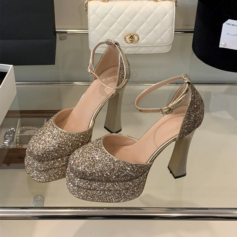 

Модные туфли-клинья на двойной платформе в стиле подиума с блестящими пайетками, женские туфли, летняя мода, ремешок на щиколотке, ультравысокий каблук 12 см, обувь для вечеринок 35 золотой