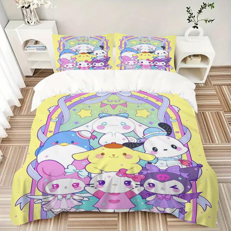 3pcs Sanrio Cartoon Character Hello Kitty Design Pattern Bedding Three-Piece Set (1 Cover + 2 Pillowcases, No Fillings), Soft and Comfortable W089
