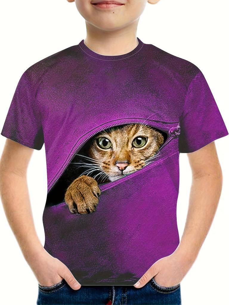Boy's Zipper Cat Graphic Kids's T-shirt Fashion Short Sleeve Tops Boy Girl T-shirt Animal 3D Printed Summer Children's Clothing
