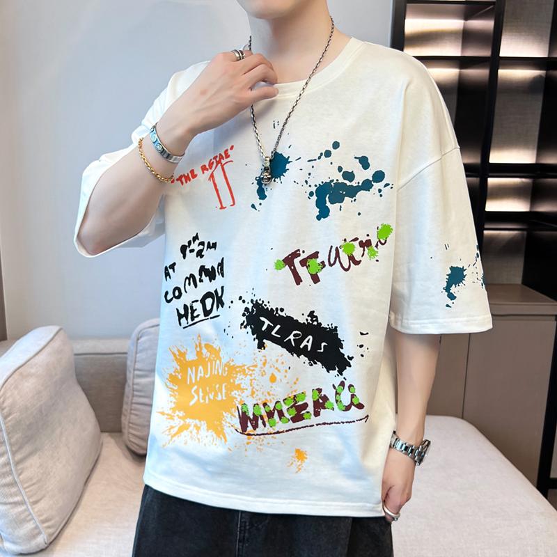 Summer Streetwear Graffiti Printed Short Sleeve T-shirt Men Casual Fashion Loose Pullovers Tee Top