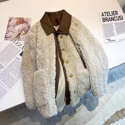 Women's Lamb Wool Polo Collar Jacket - Autumn/Winter Plush Leather-Accented Design