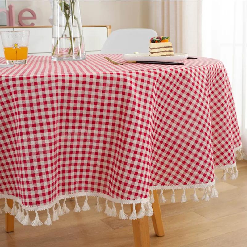 Tablecloth Around Cotton Linen Tassel Tablecloth Plaid Round Tablecloth Red Striped Lattice Table Map Wedding Cloth Cover