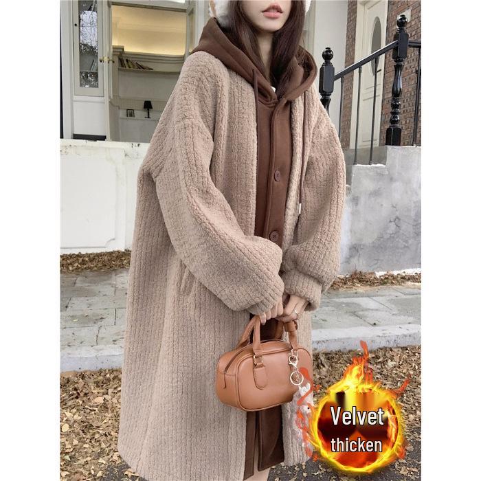 Women's Faux Two-Piece Hooded Lamb Wool Coat - Thick, Stylish Korean Winter Long Coat