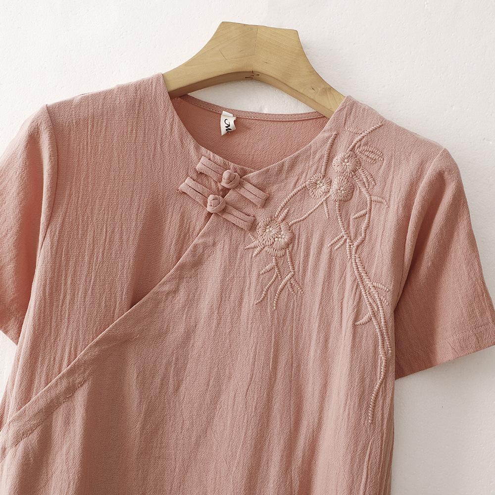 2025 Summer New Side Open Placket Buckle Improved Cheongsam Dress Women's Loose and Thin Solid Color Round Neck Short-sleeved Dress