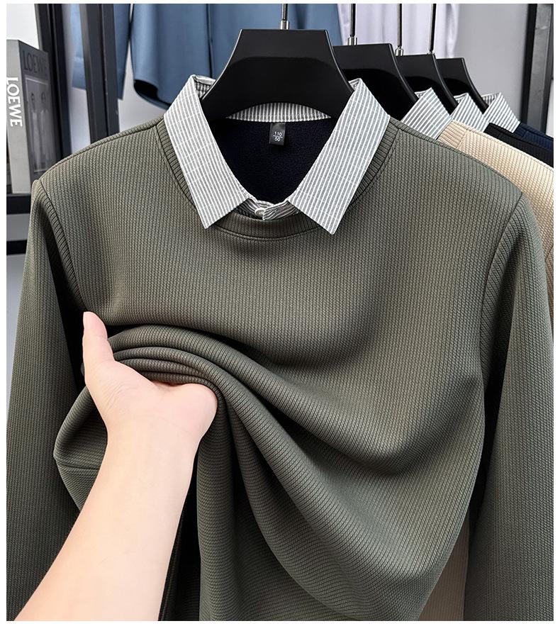 High-End Men's Faux Two-Piece Plus Velvet Sweater - Casual Business Layer