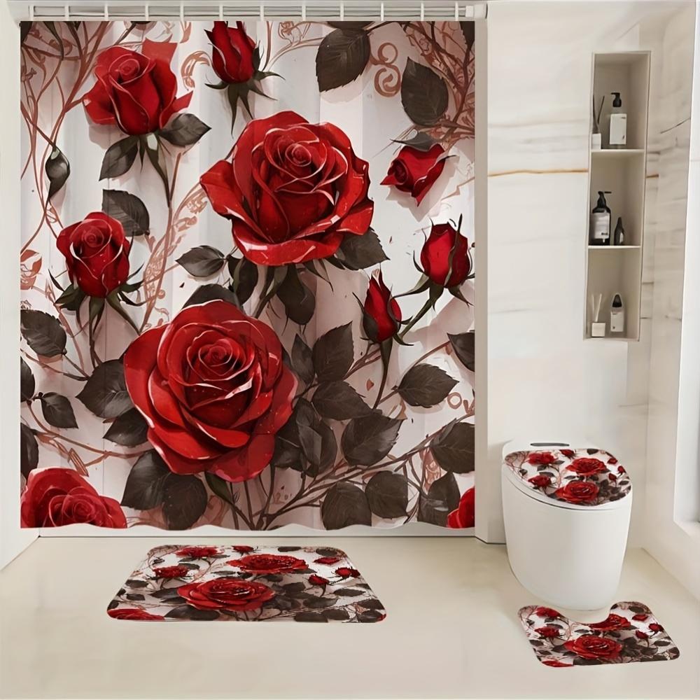 4-teiliges Badezimmer-Duschvorhang-Set Rote Rose Badezimmer-Vorhang mit 12 Haken Rutschfeste Teppiche WC-Deckelmatte Badezimmer-Trennwand