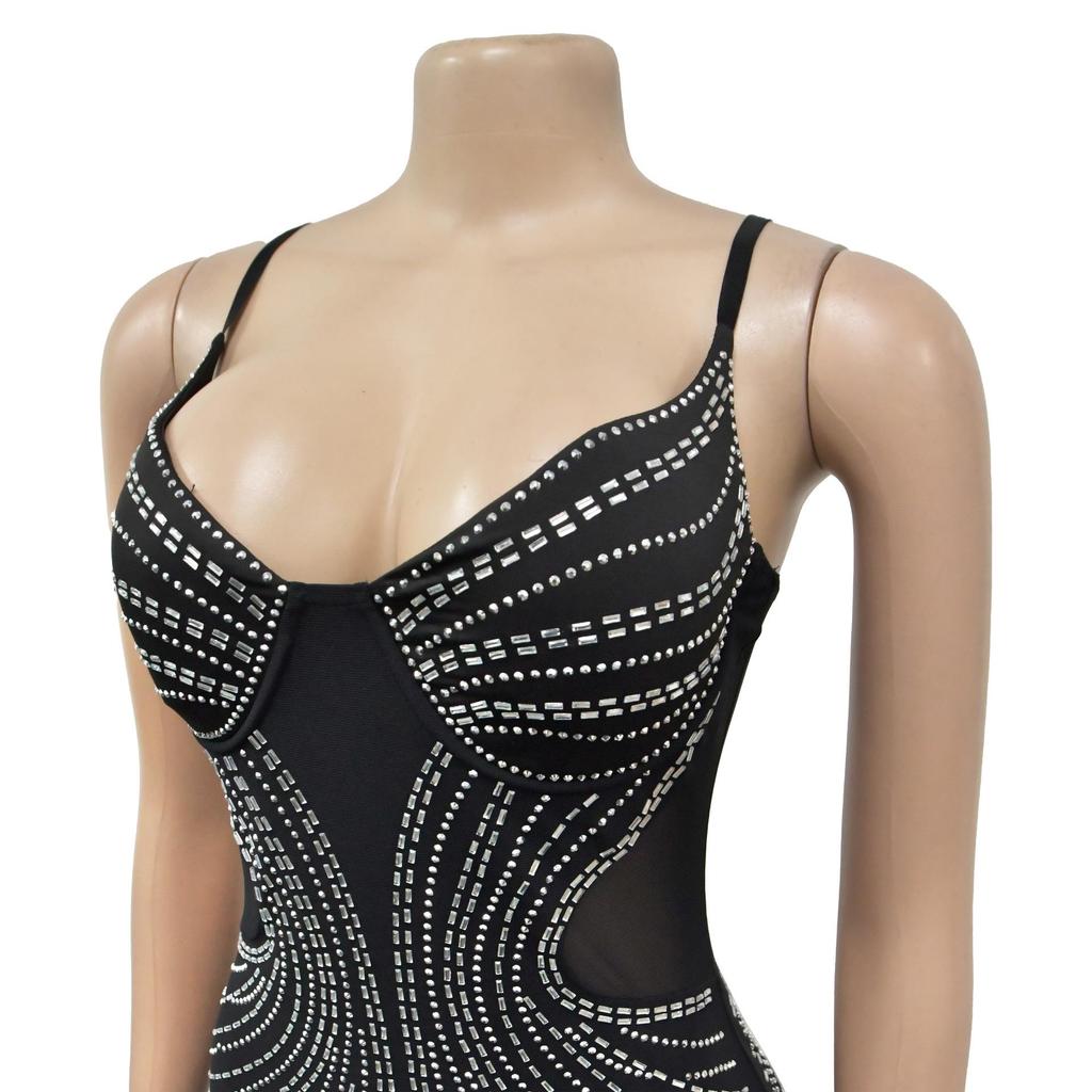 Women's Fashion Solid Color Mesh Strappy Long Dress with Hot Drilling Details