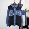 Loose Splicing Denim Sweater Jacket Autumn and Winter New Medium and Long Design Knitted Cardigan Women