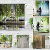 Zen Buddha Green Bamboo Shower Curtain Palm Trees Beach Ocean Flower Plant Nature Landscape Wall Hanging Bathroom Decor Curtains