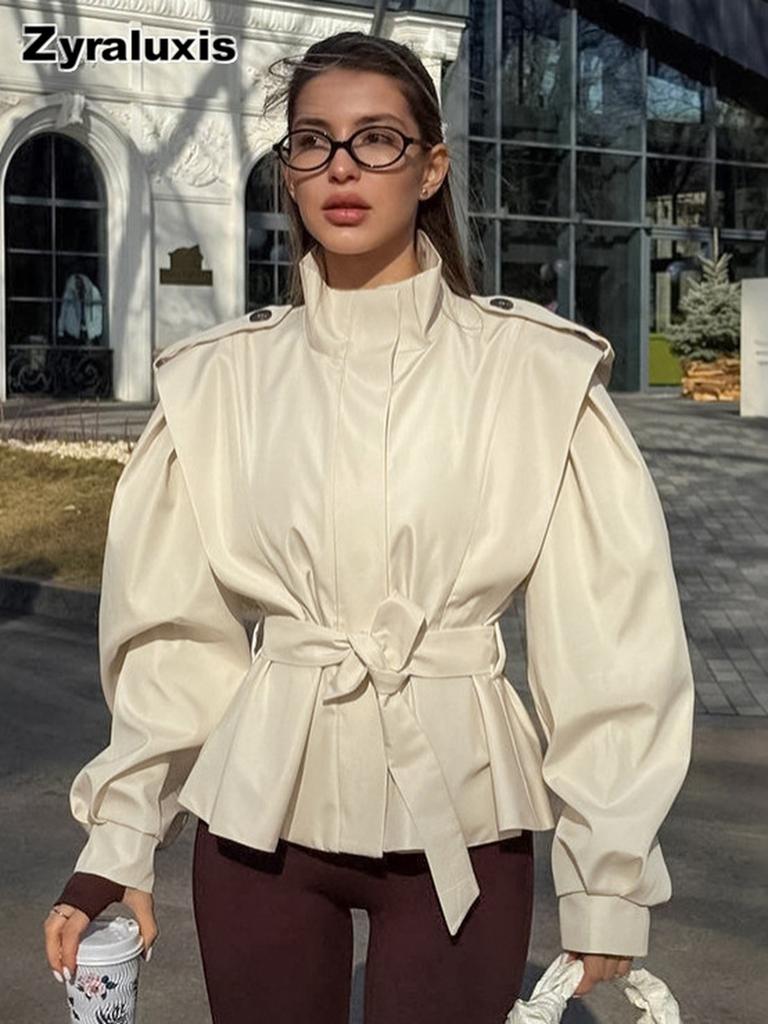 Boutique Design Aesthetic Autumn & Winter Loose Fit Slimming Belted Long Sleeve Stand Collar Commute Versatile Windbreaker Jacket