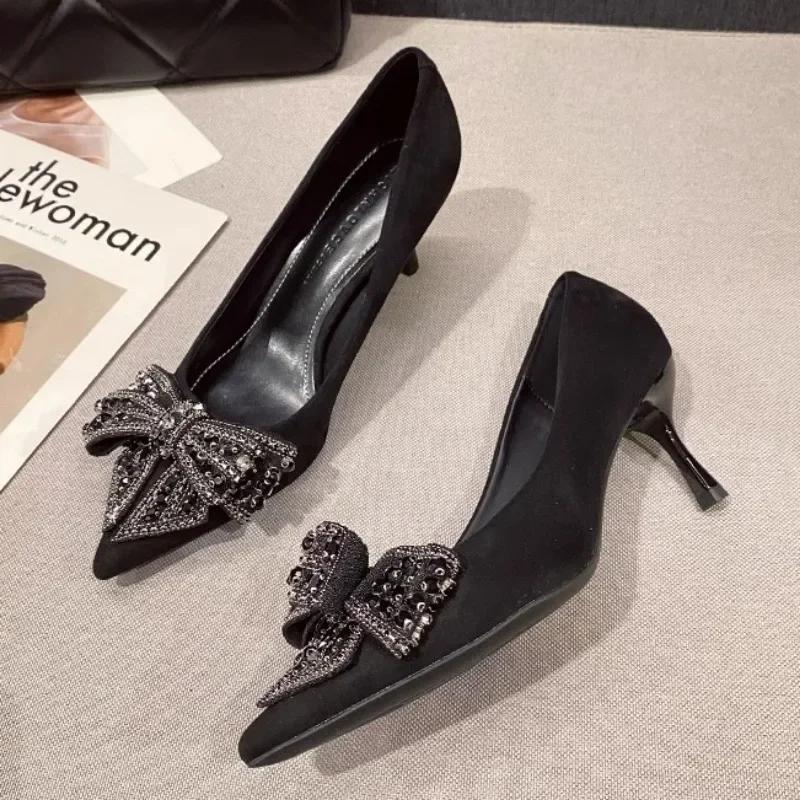 Elegant Woman Heeled Shoes 2025 Slip on Women's High Heels Classics Dress Pumps Women Pointed Toe String Bead Bow Tie Thin Heels