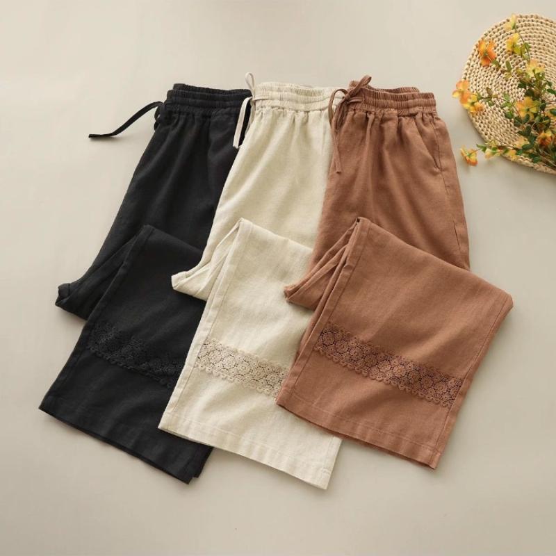 2025 Eleganckie Krótkie Bawełniane Spodnie Proste Damskie Retro Duży Rozmiar Luźne Spodnie z Panelami z Koronki Wiosna Lato Casual Szerokie Nogawki