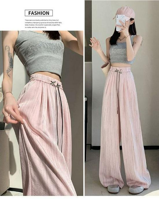 Pantaloni cu picior larg din mătase de gheață satinată cu imprimeu cerneală, stil subțire pentru vara 2025, design cool Yamamoto cu drapaj plisat.