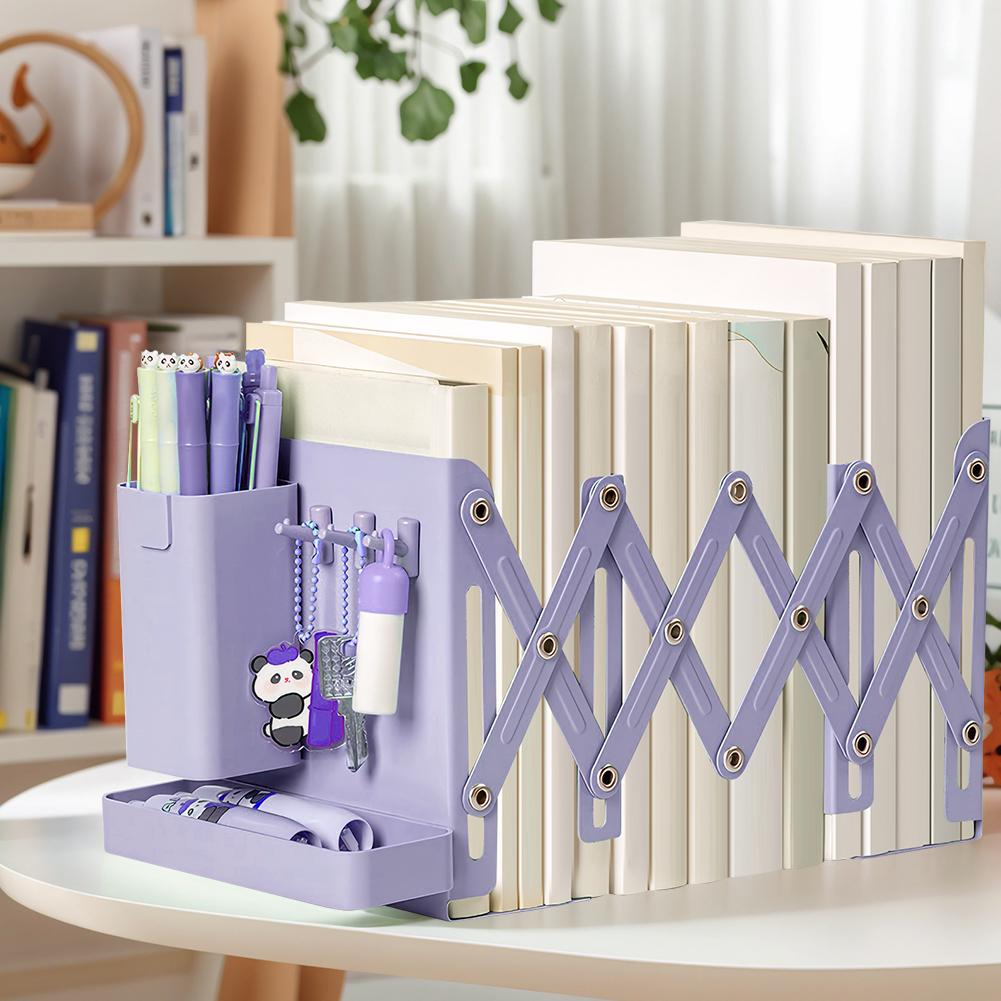 Retractable Desktop Bookstand with Basket & Hook Folding Table Bookshelf Wear Resist Modern Metal Book Holder Office Accessories