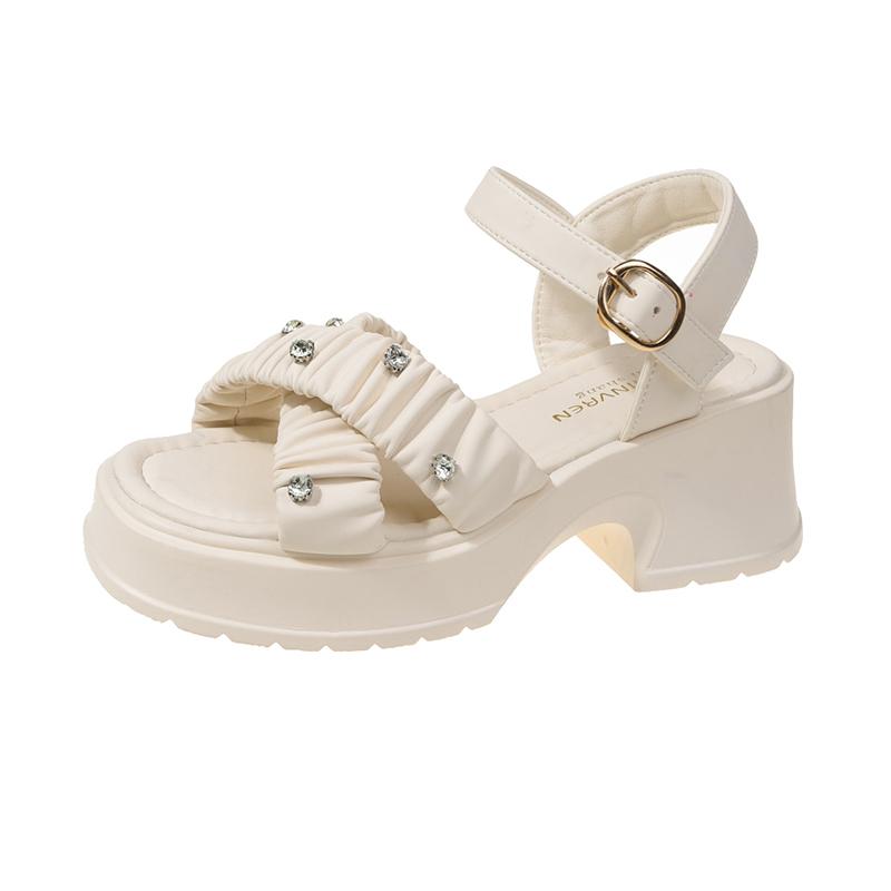 2024 Fashion Ladies Sandals Rhinestone High Heel Open Toe Buckle Sandals Summer Casual Beach Sandals Platform Sandals