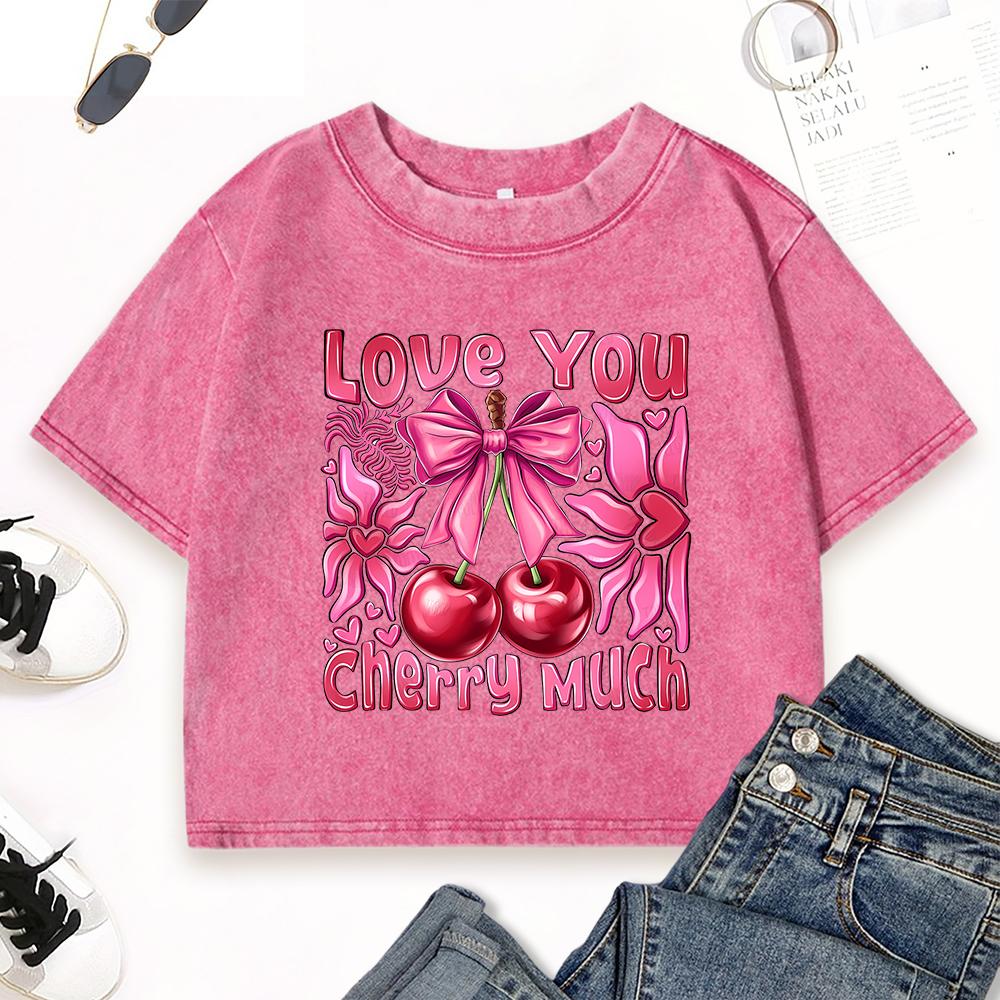 Love You Cherry Much Print Washed Crop T-Shirt Women Summer Soft T Shirts Casual Slim Short Sleeve Clothing