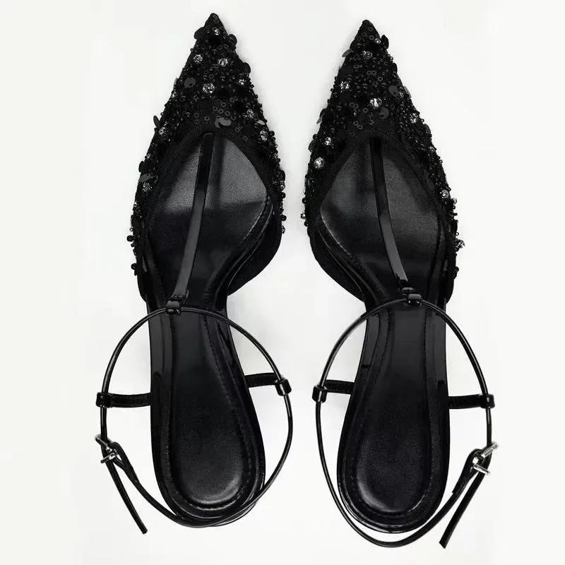 Fashion Sexy Pointed Toe String Bead Heels Party Shoes Summer Ankle Strap Heeled Sandals Women Elegant Bling Black Mesh Designer Pumps