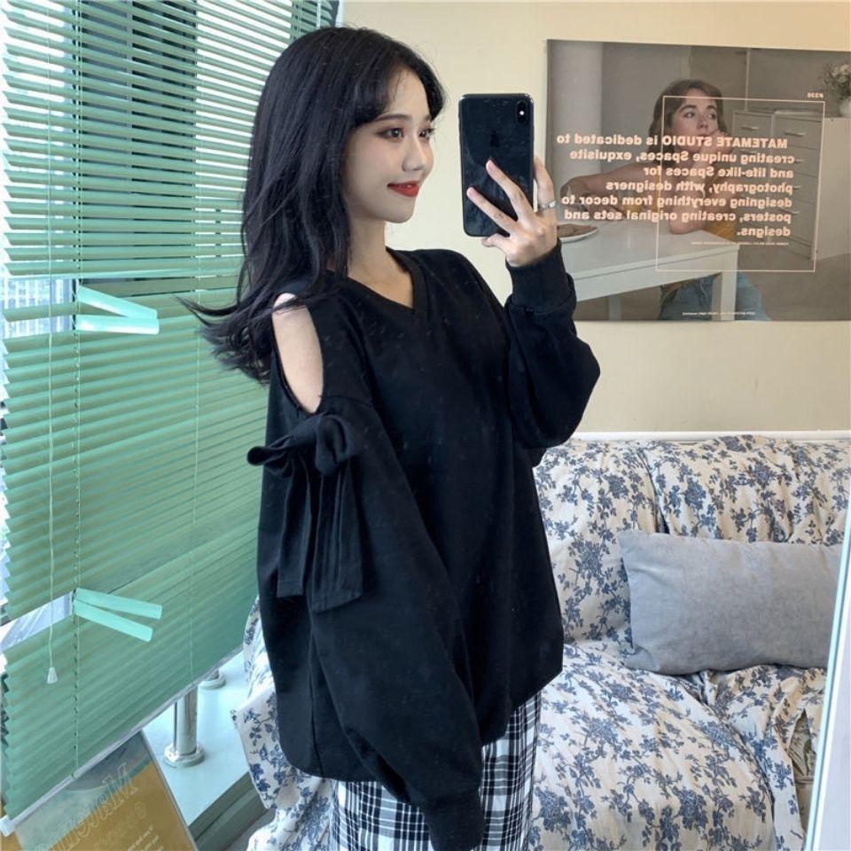 Sweet Bow Off Shoulder Sweatshirts Women Long Sleeve Casual Loose Korean Tops  V Neck Hollow Out Design Sweatshirts