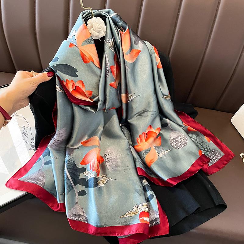 

Silk Scarf Women Shawls Female Fashion Flowers For Traveling Sun Protect Sunscreen Beach Scarves Air Conditioning Wraps Luxury