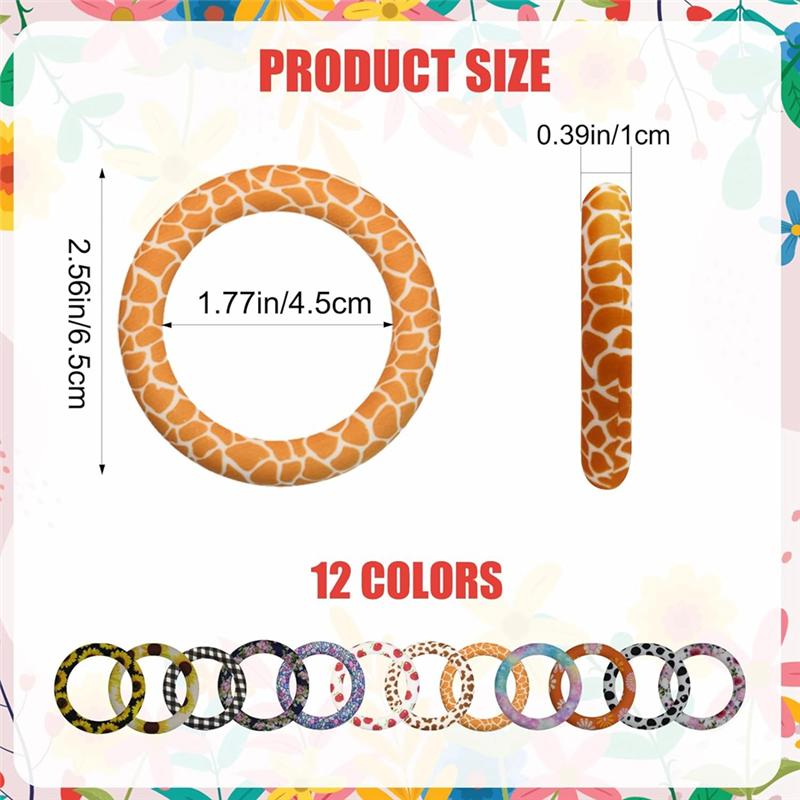 12Pcs Silicone Beadable O Rings Bulk 65Mm Round Silicone Beads Loop With 2 Hole, Water Transfer Printed Silicone Pendant