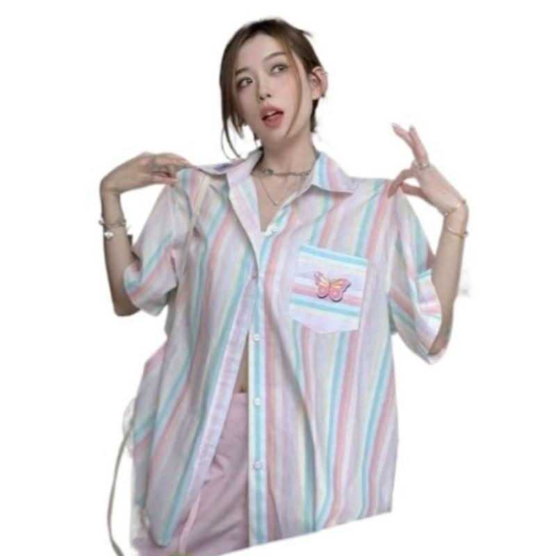 Women's Fashion Short Sleeve Shirt Striped Contrast Color Tops Butterfly Embroidery Detail Lady Lightweight Casual & Workwear Blous