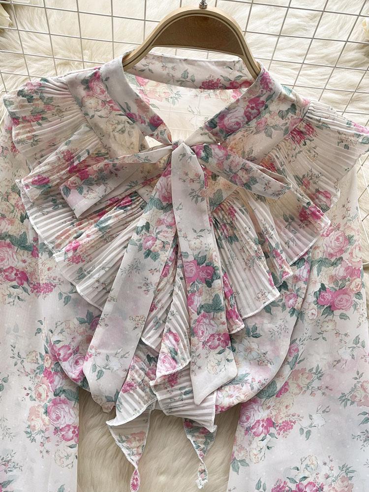 Damen Frühlingsbluse Elegantes Hemd mit Schleifenkragen Patchwork Plissierter Rüschenrand Slim Fit Oberteile Französischer Stil Puffärmel Lässige Bluse