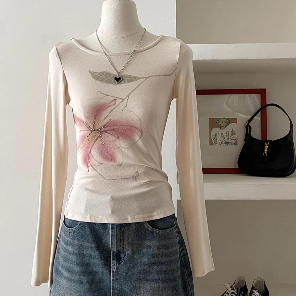 Fairycore Slim Graphic T Shirts Long Sleeve Korean Fashion 2000s Clothes Y2k Women's T-shirt New Tops Tees