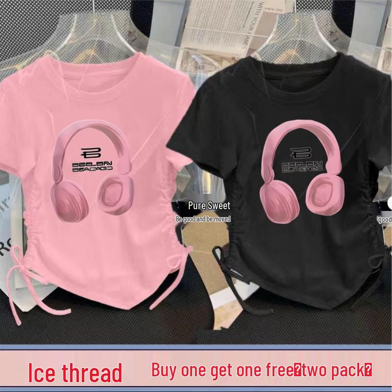 Girls' New Chinese Style Two-Piece Drawstring Summer T-Shirt Set - Printed Fashion Short Sleeve Top