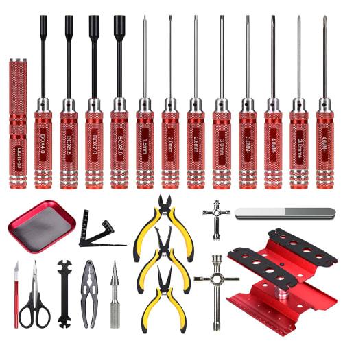 27-Piece RC Car Tool Kit with Flat, Phillips, and Hex Screwdrivers, Pliers, Cross Wrench, Body Reamer, Stand, and Polished Bar Hobby Repair Tools for