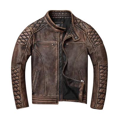 Čínská velikost Vintage Pánská hnědá kožená bunda Genine Hovězí kůže Motocyklový styl Kravské bundy pro muže Podzim