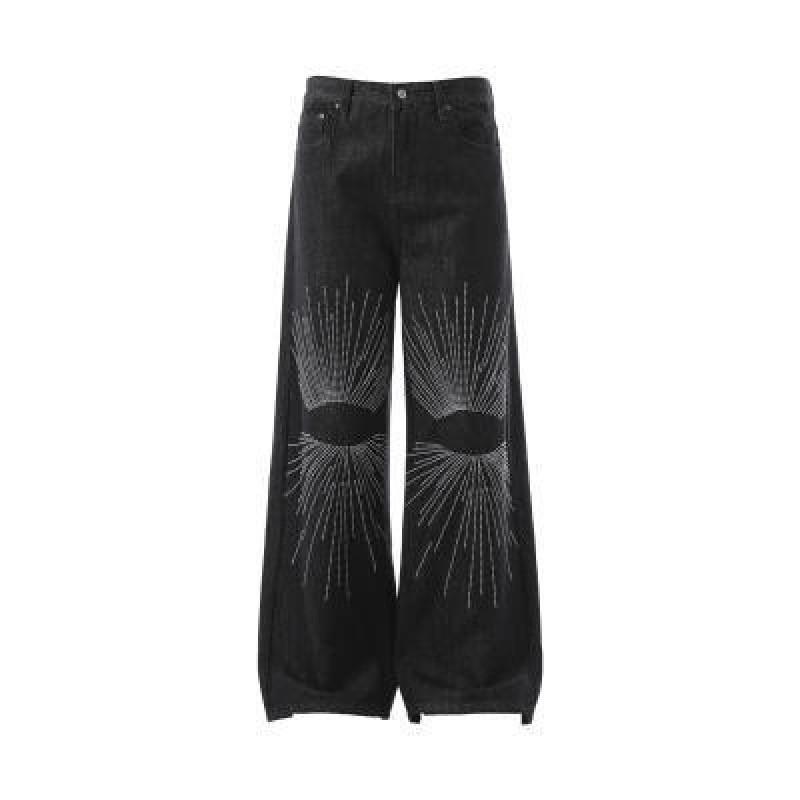 Stylish Embroidered Flared Denim Jeans Men Women Relaxed Fit Wide Leg Straight Cut Casual Pants